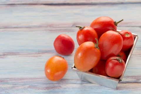 Close up red cherry plum tomatoes in stainless bowl on wood table background Stock Photos
