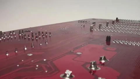 Close-up of red circuit board featuring intricate copper traces Stock Footage 345398964