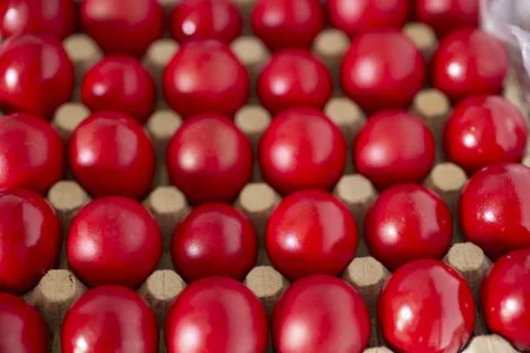 Close up of red eggs on a tray prepared for Easter traditions Stock Photos