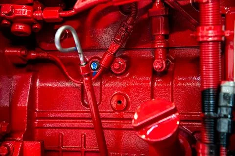 A close up of a red engine with a blue bolt Stock Photos