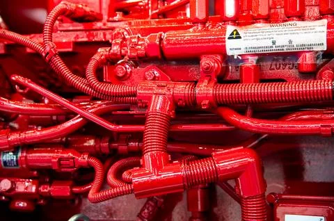 A close up of a red engine with a yellow sticker on it that says "Warning" Stock Photos