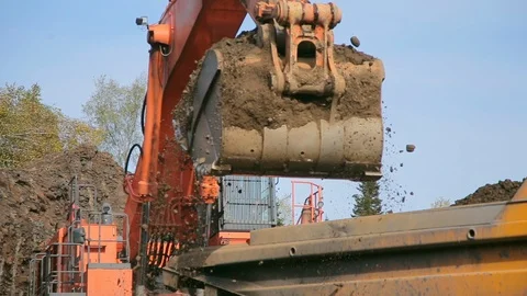 Close-up Red excavator loads tipper truck Stock Footage 122073359