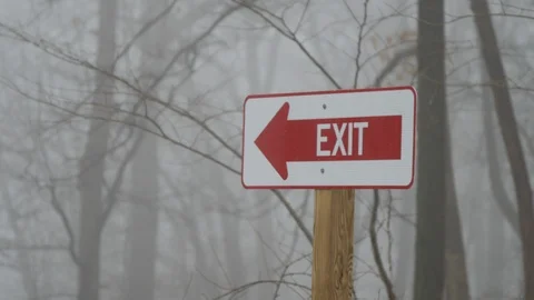 Close up red exit arrow sign in front of haunted eerie forest and mist Vídeo Stock 104464834