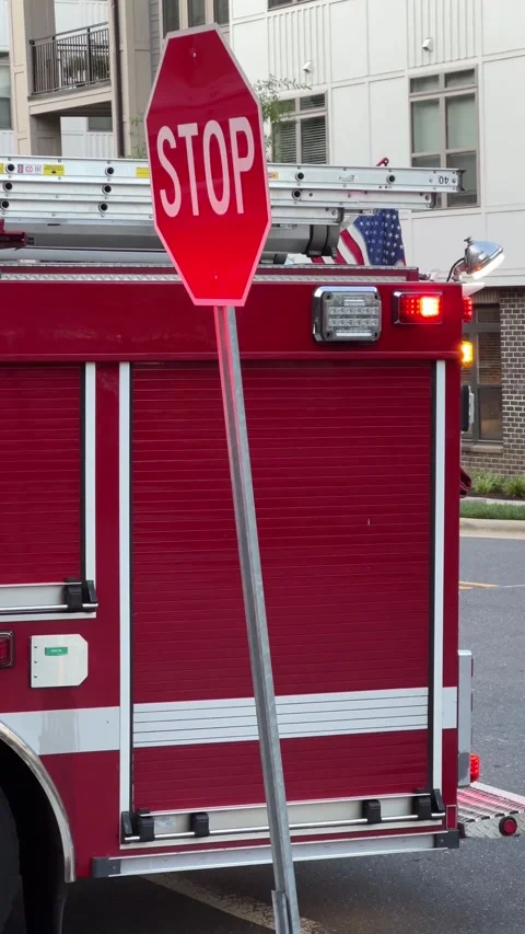 Close up of a red fire engine and rescue truck with flashing lights Video stock 311664673