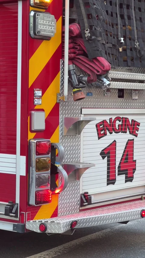 Close up of a red fire engine and rescue truck with flashing lights Stock Footage 311664682