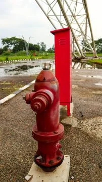 Close-up of a red fire hydrant and red utility box in an outdoor setting, w.. Foto stock
