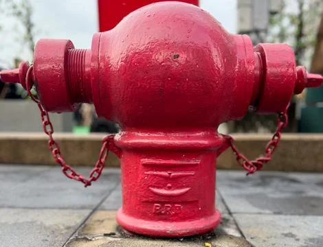 Close-up of red fire hydrant with water droplets, urban safety equipment in city Stock Photos