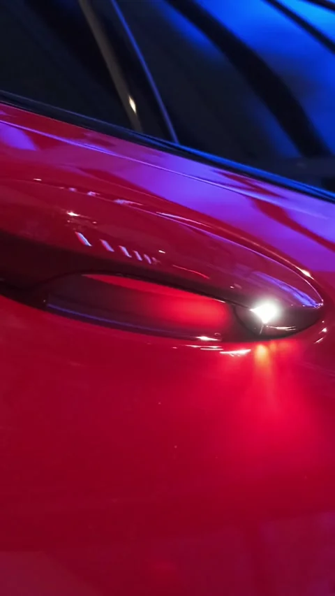 Close-up of red high-performance sports sedan door handle recess with soft Vidéo 340086295
