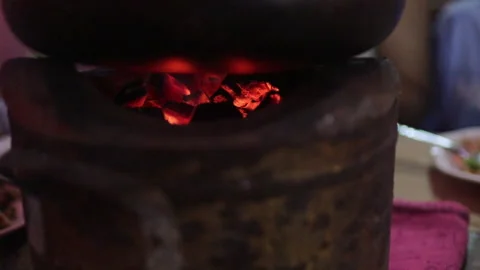 Close Up Red Hot Glowing Charcoal Wood Fire, Thai Hotpot Isan Soup, Jim Jum Stock Footage 240450751