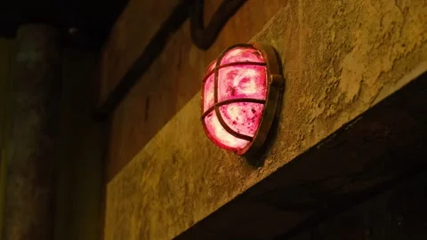 Close-Up of Red Industrial Light with Rusted Metal Cage Mounted on Rough Stock Footage 295779608