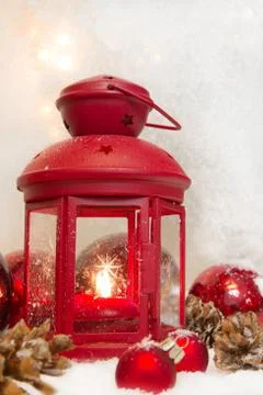 Close up of red lantern with balls and cones for christmas Stock Photos