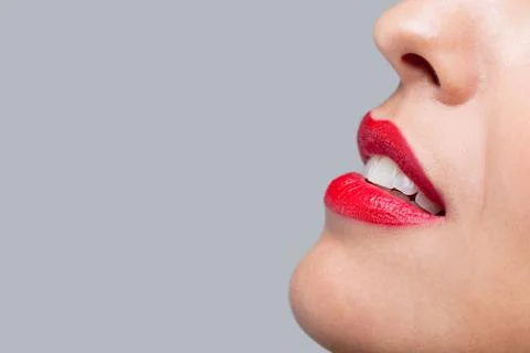 Close up red lips and teeth. Stock Photos