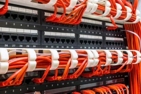 Close up of red network cables connected to switch Stock Photos