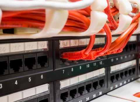 Close up of red network cables connected to switch Stock Photos