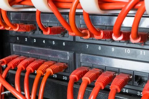 Close up of red network cables connected to switch Stock Photos