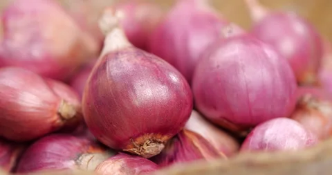 Close-up of red onions rotate in slow motion Stock Footage 138701411