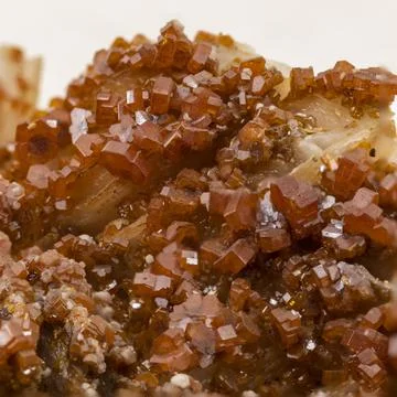 Close up of red orange tabular crystals of vanadinite. Lead mineral sample be Foto stock