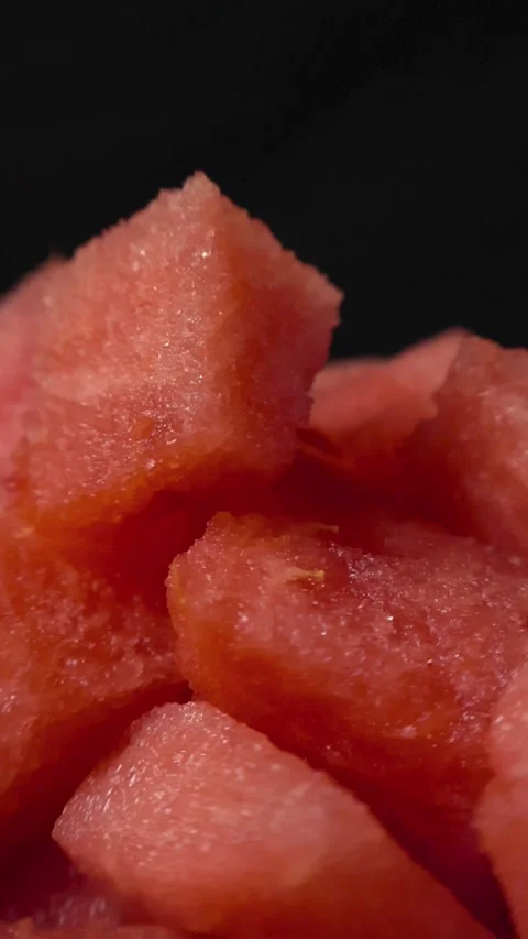 Close up of red ripe and delicious watermelon cubes freshly sliced and placed Stock Footage 314501879