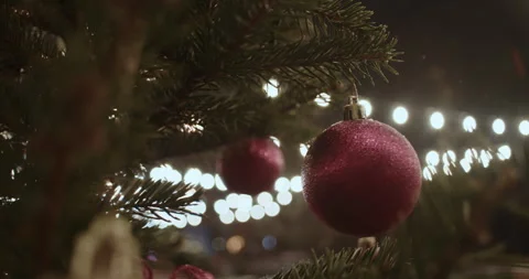 Close-up of red round balls on green branches of a Christmas tree Stock Footage 261382992