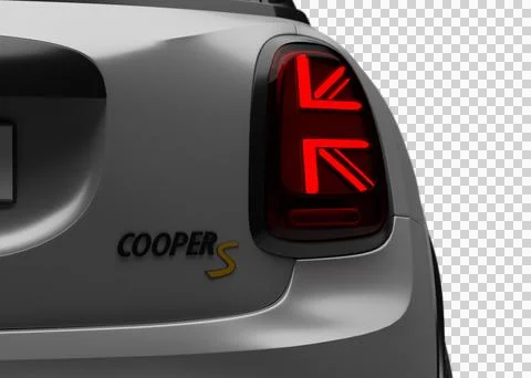 Close-up of red S logo and taillight on gray Mini Cooper SE Electric 2025 w.. Stock Illustration