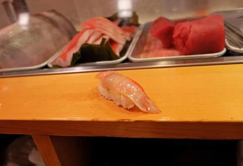 Close up red Snapper fish sushi on wooden table bar Stock Photos