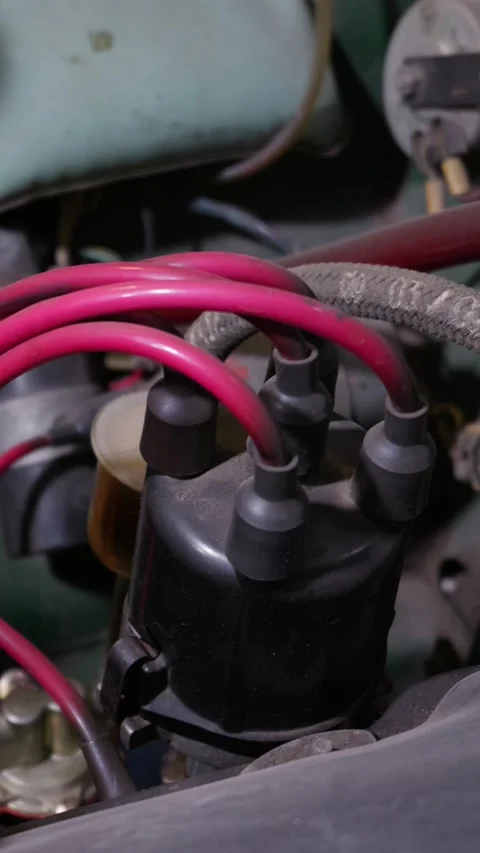 Close Up of Red Spark Plug Wires and Distributor Cap in Car Engine Vídeos de archivo 335644268