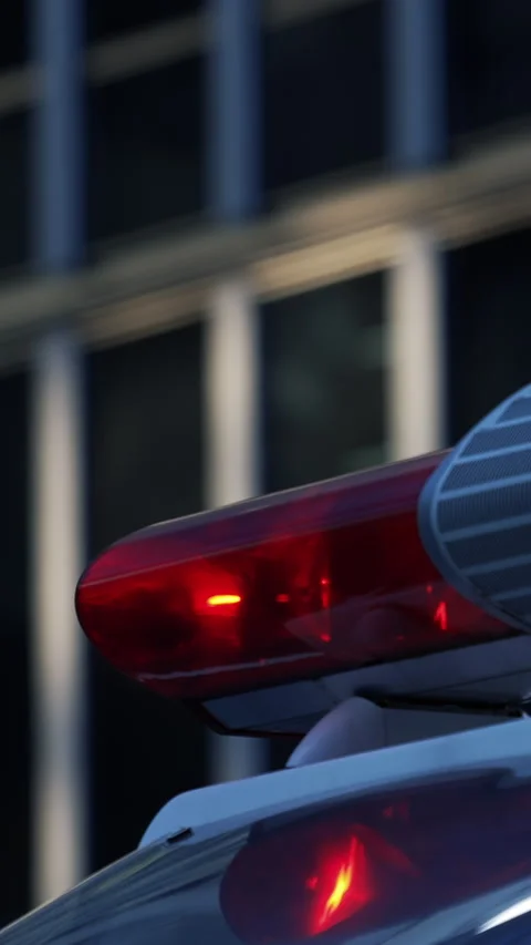 Close up of red strobe lights on a patrol vehicle at night Stock Footage 329456157