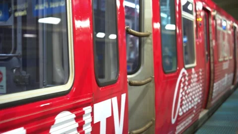 Close Up Of Red Subway Train Exterior With Doors And Windows Stock Footage 336281218