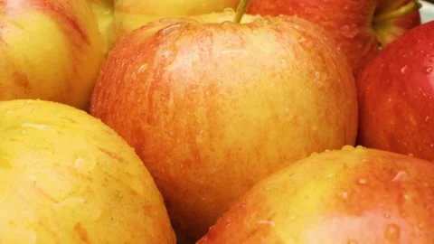 Close-up of red sweet apples, captured with a sliding motion. Stock Footage 313833393