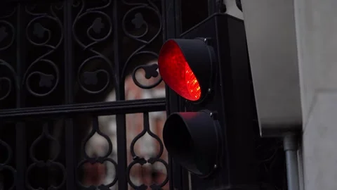 Close-Up of Red Traffic Light by Gates at Royal Courts of Justice, London Stock Footage 286134818