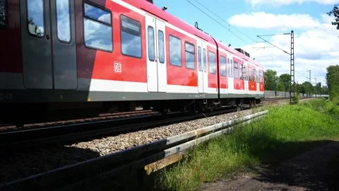 Close up red train on the lines Stock Footage 197997145