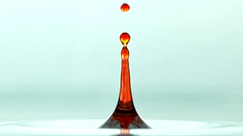 Close up of a red Water Droplet Falling In Teal Water In Super Slow Motion Stock-Footage 146904258