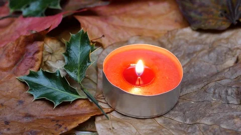 Close-up on a red wax candle and christmas holly. Stock Footage 99443344