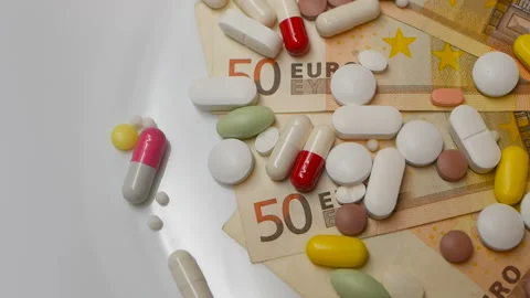 Close up, with red, white, colored pills rotating on 50s euro banknotes from the Stock Footage 86177321