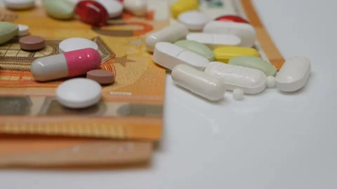 Close up, with red, white, colored pills rotating on 50s euro banknotes from the Stock Footage 86177779