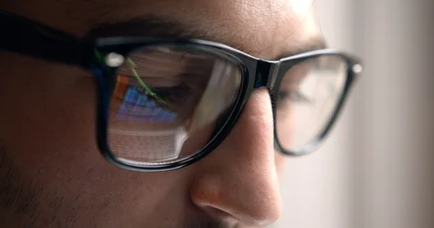Close Up Reflection Glasses Business Graphics Work Routine Businessman 4k Work Stock Footage 123501997