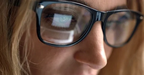 Close Up Reflection Graphics Business Glasses Businesswoman Diagrams Routine Stock Footage 83991723