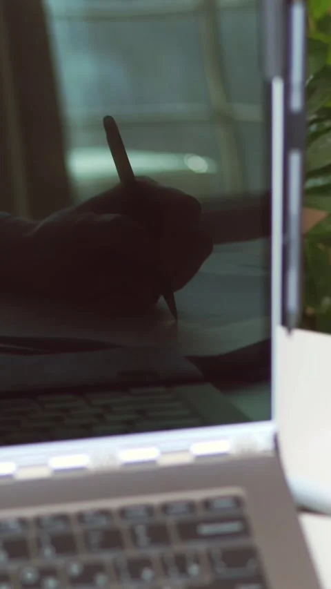 Close-up, reflection in the laptop screen. Cropped shot of business woman's hand Stock Footage 319081695