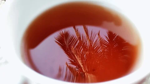 Close-Up. Reflection Of Tree Branches In The Cup Of Red Tea 4K Video stock 128938484