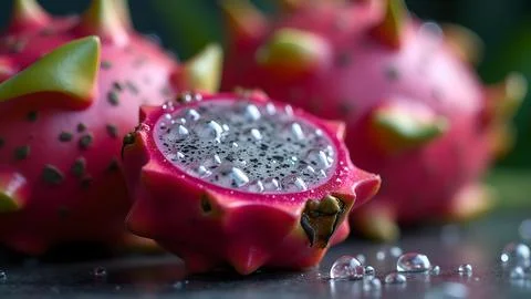 Close up of refreshing dragon fruit with water drops showcasing its vibrant.. Foto stock