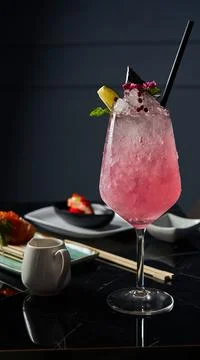 Close-up of a refreshing drink with white plate of sushi pieces. Japanese Food Stock Photos