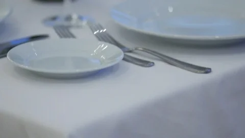 Close-up restaurant serving. Restaurant interior - empty glasses on table. Stock Footage 88784706