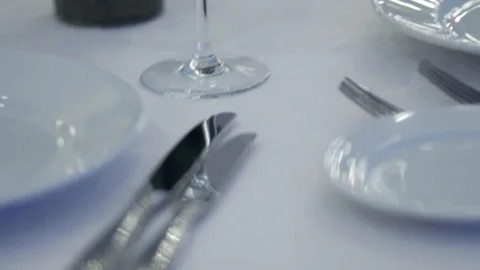 Close-up restaurant serving. Restaurant interior - empty glasses on table. Stock Footage 88784764