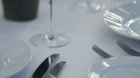 Close-up restaurant serving. Restaurant interior - empty glasses on table. Stock Footage 88784767