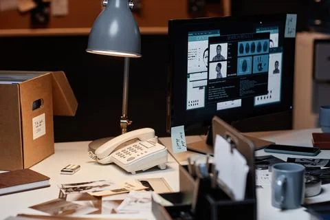 Close up of retro style detectives office with computer on desk lit by lamp Stock Photos