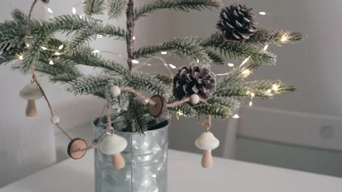Close up of reusable minimalistic Christmas tree with wooden deco string Stock Footage 163988258
