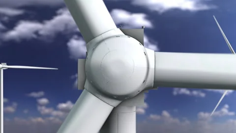 Close-up reveal of 3D Rendered Wind Turbines Spinning on Blue Sky Background Stock Footage 332752119