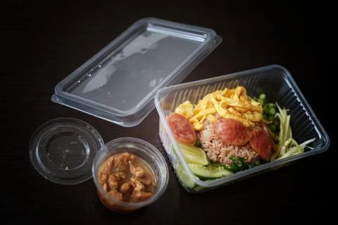 Close up of rice Mixed with Shrimp paste in package Delivery . Thai food 写真素材