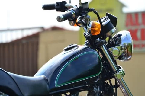 Close up of the Right Side of a Black Custom Motorcycle Stock Photos