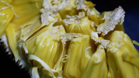 Close-up of ripe jackfruit pieces with yellow flesh and fibrous texture on .. Stock Footage 339022505